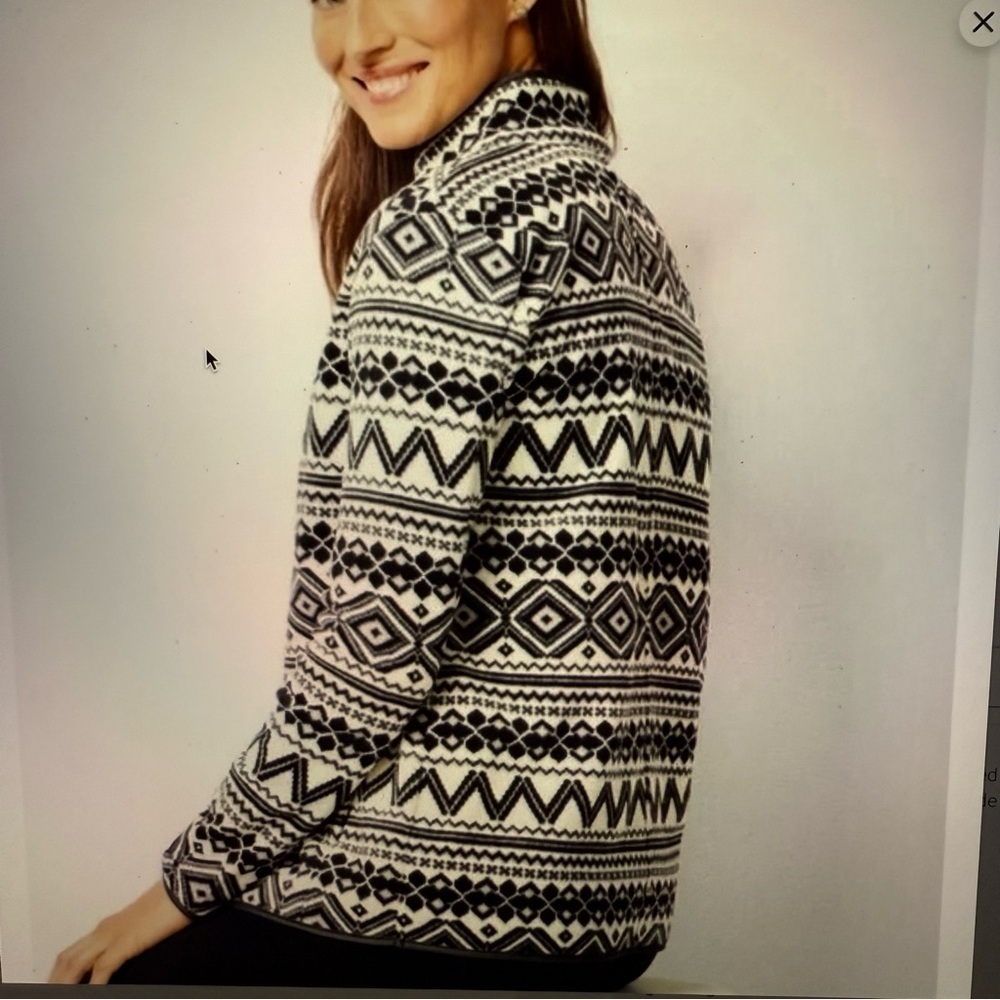 Talbots Women's Black White fair isle geometric fleece zip jacket - Picture 2 of 10